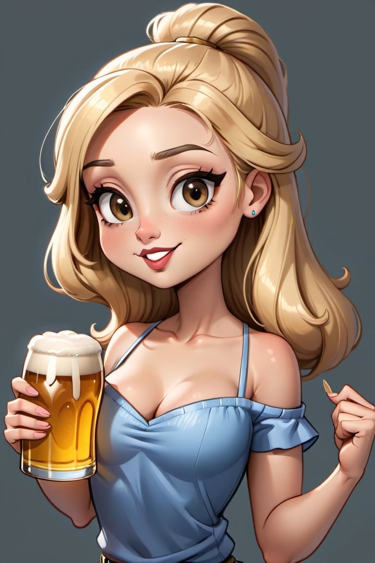 cartoon woman holding a beer mug and a glass of beer, in cartoon style, cartoon style, caricature illustration, cel shaded!!!, chibi, cartoon style illustration, cute woman, caricature, cartoon art style, holding a beer!!, shaded cel:15, cartoon, blonde, professional illustration, blonde women, blonde woman, 8k