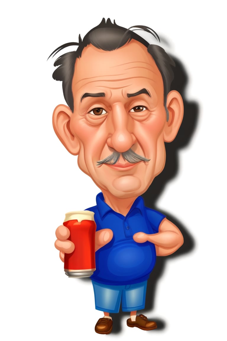cartoon of a man holding a can of beer and a drink, caricature, caricature illustration, caricature style, Harry Volk clipart style, an old man, caricaturist alarcón, man drinking beer, caricature, in cartoon style, portrait of an alcoholic, holding a can of beer, digital art cartoon, cartoon art style, holding beer, Cartoon image