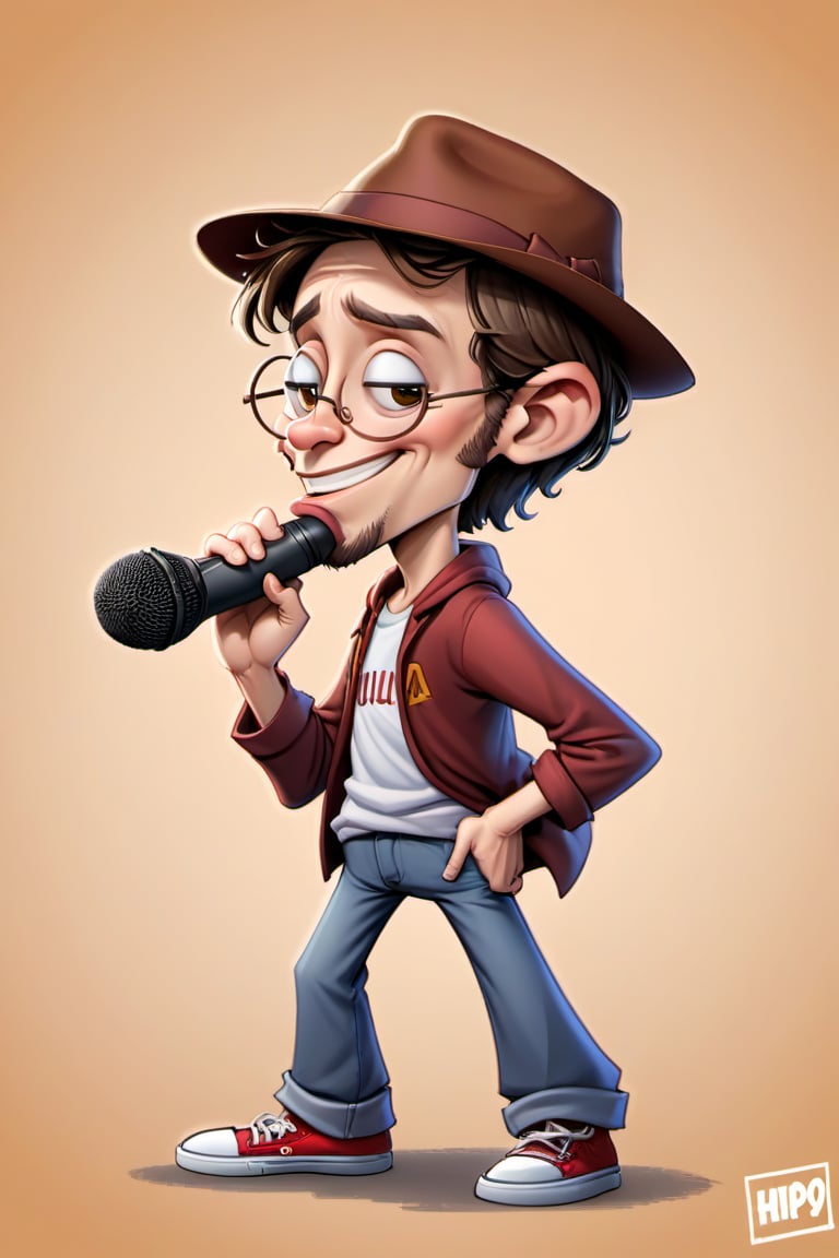 desenho animado de um homem com chapéu vermelho e óculos segurando um microfone, caricatura style, em estilo cartoon, Estilo de clipart de Harry Volk, caricatura!!!, Imagem de desenho animado, estilo de arte dos desenhos animados, caricatura illustration, ilustração profissional, por Chinwe Chukwuogo-Roy, caricatura, parecendo muito legal e estiloso, !!! muito coerente!!! arte vetorial