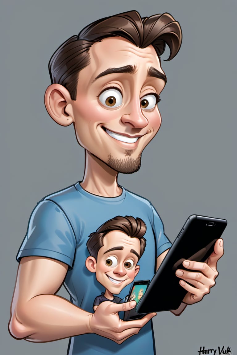 8k, cartoon of a man holding a tablet in his hands, caricature style, caricature illustration, cartoon digital art, caricature, caricaturista alarcón, digital art cartoon, cartoon portrait, caricature!!!, caricature, cartoon style Harry Volk clip art, in cartoon style, caricature, he is holding a smartphone, cartoon art style