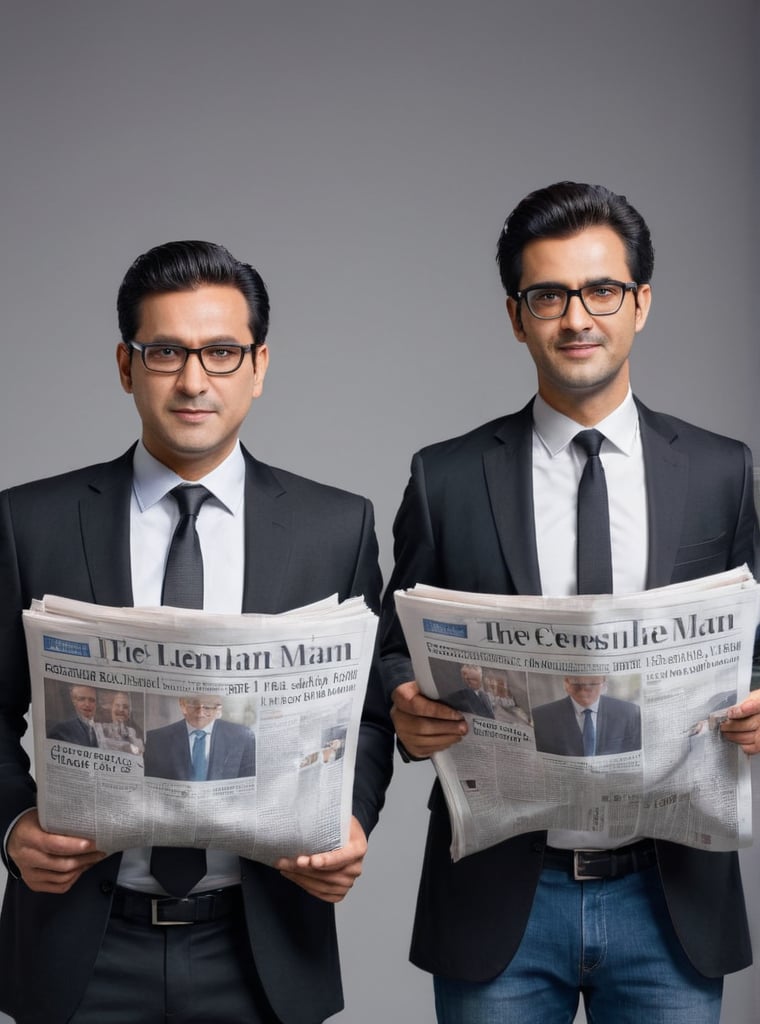 Create an image of two men standing apart. The first man is wearing a black suit and tie, with glasses and a serious expression. He is holding a newspaper. The second man is in casual attire, wearing jeans and a t-shirt, with a relaxed posture and a friendly smile. Ensure there is a clear distance between them.