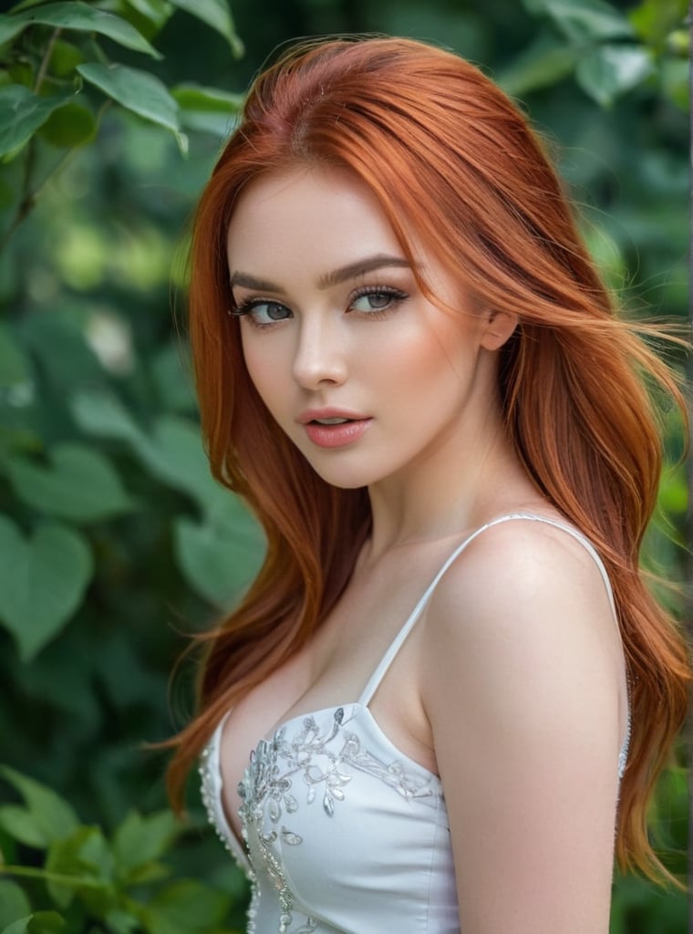 A stunning 21-year-old Russian woman with fiery red locks cascading down her back, poses confidently in a trendy 2024FY outfit. Her captivating gaze has a mesmerizing spell, as if drawing the viewer in. In a candid shot, she stands against a blurred garden backdrop, her perfect facial proportions and beautiful eyes taking center stage. The 4K resolution captures every detail, from her luscious long hair to the subtle curves of her cheeks, current tooth ,more detail, closed-mouth 