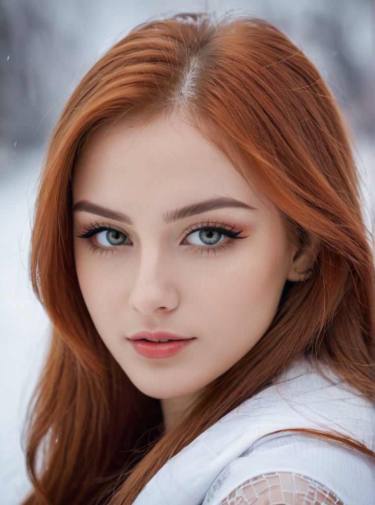 Russian woman, beautiful, 21 years old, young looking, long_hair , red hair, wearing Russian 2024FY trending outfit, Beautiful eyes are mesmerizing when you look into her eyes, she wears unique fashionable eyeliner,4K resolution,  perfect proportions of face, blurred snow backdrop, Candid Shots photography 
