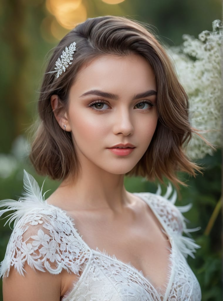 A stunning 21-year-old Russian woman , poses confidently in a trendy 2024FY lace dress.Feather stuck to shoulder, Her captivating gaze has a mesmerizing spell, Attach a hair clip,look at viewer . In a candid shot, she stands against a blurred((start  bokeh)) flowers garden backdrop , her perfect facial proportions and beautiful eyes taking center stage. The 4K resolution captures every detail, from her luscious shot haircut and highlights color to the subtle curves of her cheeks, strictly tooth ,more detail, closed-mouth,