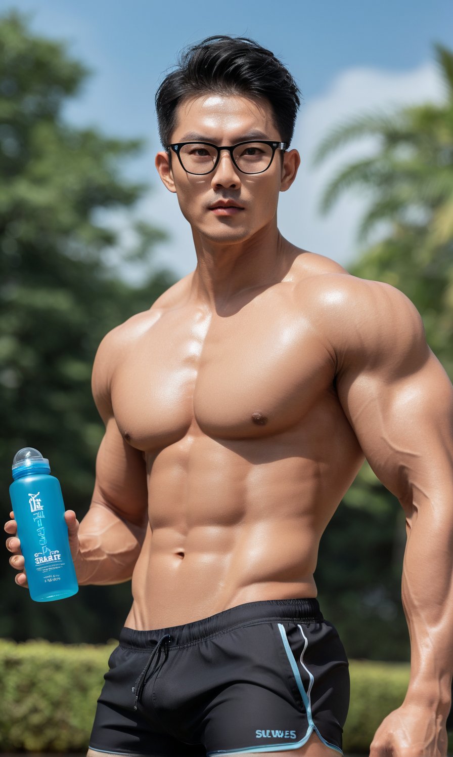 a statuesque asia man ,stands tall, his muscular physique glistening with petroleum oil that accentuates every contour,striking eyes,   glasses, lock at camera, full healthy lips , Stubble, black hair, bathing_suit, holding 
Protein shaker with "Dream Shape" printed on it, dynamic pose that seems to defy gravity,perfect split lighting,perfect proportions face , blurred garden backdrop 
