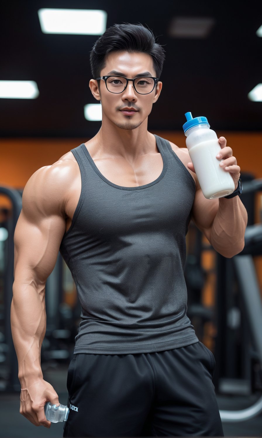 a statuesque asia man ,stands tall, his muscular physique glistening with petroleum oil that accentuates every contour,striking eyes,   glasses, lock at camera, full healthy lips , Stubble, black hair, gym_clothes, holding 
Protein shake, dynamic pose that seems to defy gravity,perfect split lighting,perfect proportions face , blurred gym backdrop, perfect proportions  