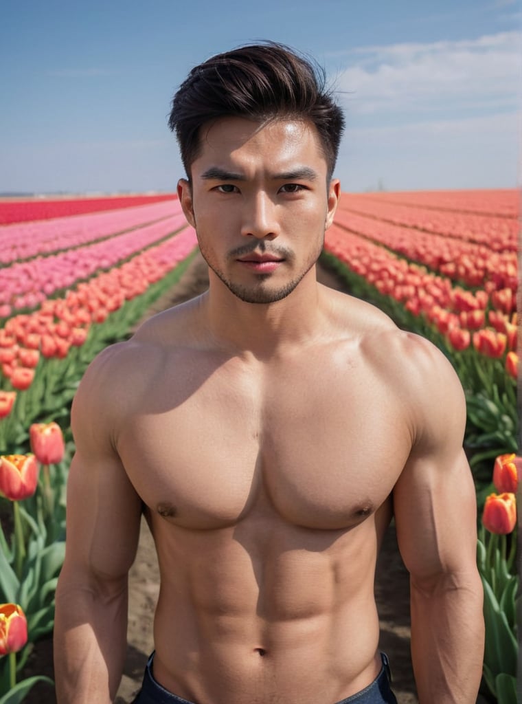 The sae of Tulips, posing in a vast tulips field against an endless blue sky horizon, The scene is captured with a wide-angle lens, bathed in cinematic soft lighting to accentuate the dynamic pose and dramatic atmosphere,a statuesque chinese man stands tall, his muscular shirt.His striking eyes, lock intensely onto the camera, while full and pink lips curve into a subtle smirk. Stubble adds a rugged touch to his chiseled features. Undercut hairstyle, he exudes confidence in a dynamic pose that seems to defy gravity. The overall atmosphere is one of mystique and intensity.