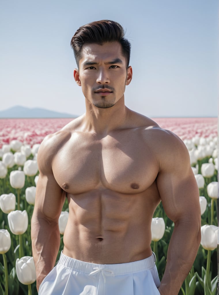 The sae of white Tulips, posing in a vast tulips field against an endless blue sky horizon, Rule of Third backdrop, The scene is captured with a wide-angle lens, bathed in cinematic lighting to accentuate the dynamic pose and dramatic atmosphere,a statuesque chinese man stands tall, his muscular shirt.His striking eyes, lock intensely onto the camera, while full and pink lips curve into a subtle smirk. Stubble adds a rugged touch to his chiseled features. Undercut hairstyle, he exudes confidence in a dynamic pose that seems to defy gravity. The overall atmosphere is one of mystique and intensity. 