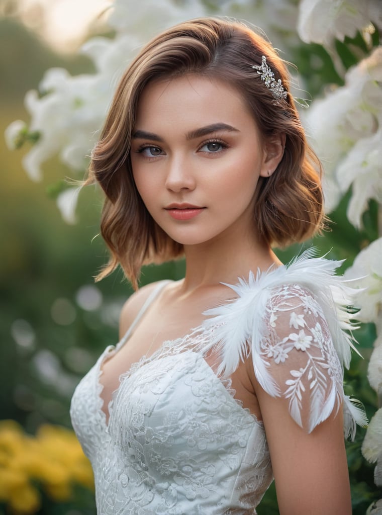 A stunning 21-year-old Russian woman , poses confidently in a trendy 2024FY lace dress.Feather stuck to shoulder, Her captivating gaze has a mesmerizing spell, Attach a hair clip,look at viewer . In a candid shot, she stands against a blurred((start  bokeh)) flowers garden backdrop , her perfect facial proportions and beautiful eyes taking center stage. The 4K resolution captures every detail, from her luscious shot haircut and highlights color to the subtle curves of her cheeks, strictly tooth ,more detail, closed-mouth,