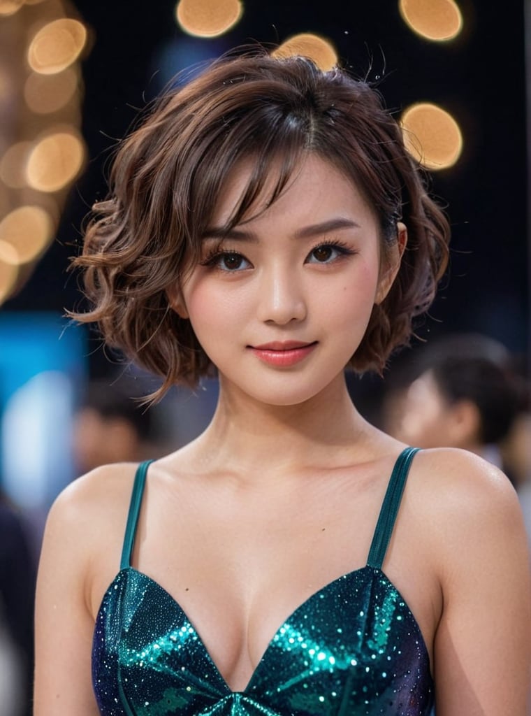 Amidst the bustling atmosphere of the Motor show, a stunning 21-year-old Japanese woman confidently takes center stage. Dressed in a trendy 2024FY glitter fabric outfit, she exudes elegance and style. Her captivating gaze, enhanced by mesmerizing eyeshadow makeup, draws in the viewers, while the candid shot photography style adds a touch of authenticity to the scene. Standing against a blurred backdrop of small star bokeh, she commands attention with her perfect facial proportions and beautiful eyes, which are the focal point of the image. Captured in stunning 4K resolution, every detail is meticulously rendered, from her luscious short haircut to the subtle curves of her cheeks. Her current tooth, closed-mouth smile adds a touch of mystery, complemented by her curly hair cascading down her shoulders. This full-body shot captures her in all her glory, showcasing her confidence and beauty to the world.