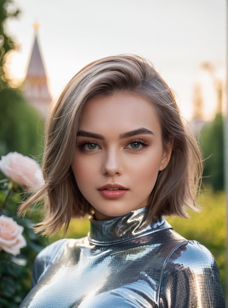 A stunning 21-year-old Russian woman , poses confidently in a trendy 2024FY metal fabric outfit. Her captivating gaze has a mesmerizing spell, as if drawing the viewer in. In a candid shot, she stands against a blurred((start  bokeh)) rose garden backdrop , her perfect facial proportions and beautiful eyes taking center stage. The 4K resolution captures every detail, from her luscious shot haircut to the subtle curves of her cheeks, current tooth ,more detail, closed-mouth,