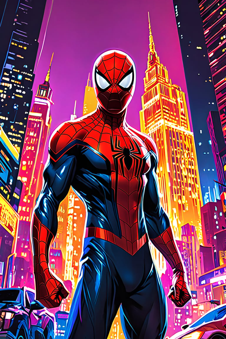 Classic Spider-Man, Peter Parker, stands heroically in a futuristic metropolis. His iconic red and blue suit gleams under neon-lit cityscapes, as sci-fi technology whirs behind him. The camera zooms in on his determined face, illuminated by a warm, golden light. In the background, towering skyscrapers and flying cars blur into motion, while Spider-Man's pose exudes confidence, hands poised to spring into action. The art style blends Clayton Crain's gritty realism with Ross Tran's vibrant color palette, Rachel Walpole's dynamic composition, Jeszika Le Vye's atmospheric lighting, Dan Volbert's intricate detail, Simon Stalenhag's futuristic flair, and Brian Stelfreeze's bold, graphic storytelling.