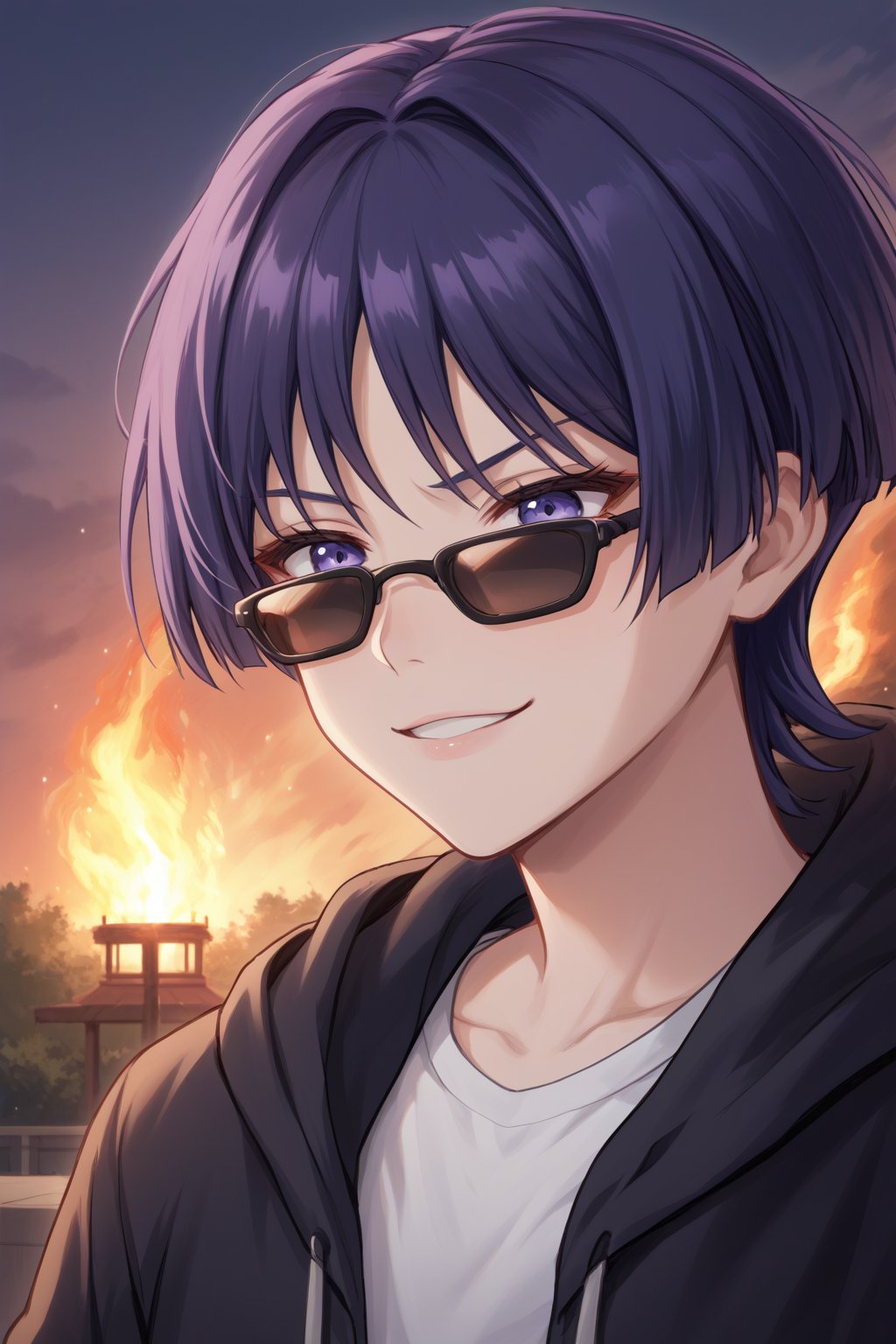 8K,4K,masterpiece,best quality,High quality eye details, hair between eyes,
,score_9,purple hair,purple eyes,bangs,short hair,scara,sunglasses,IncrsXLDealWithIt,BREAK,source_anime,score_4_up,score_5_up,score_6_up,score_7_up,score_8_up,sunglasses, anime, 1boy,hoodie, smug, burning house behind,burning trees,Leave the scene quickly