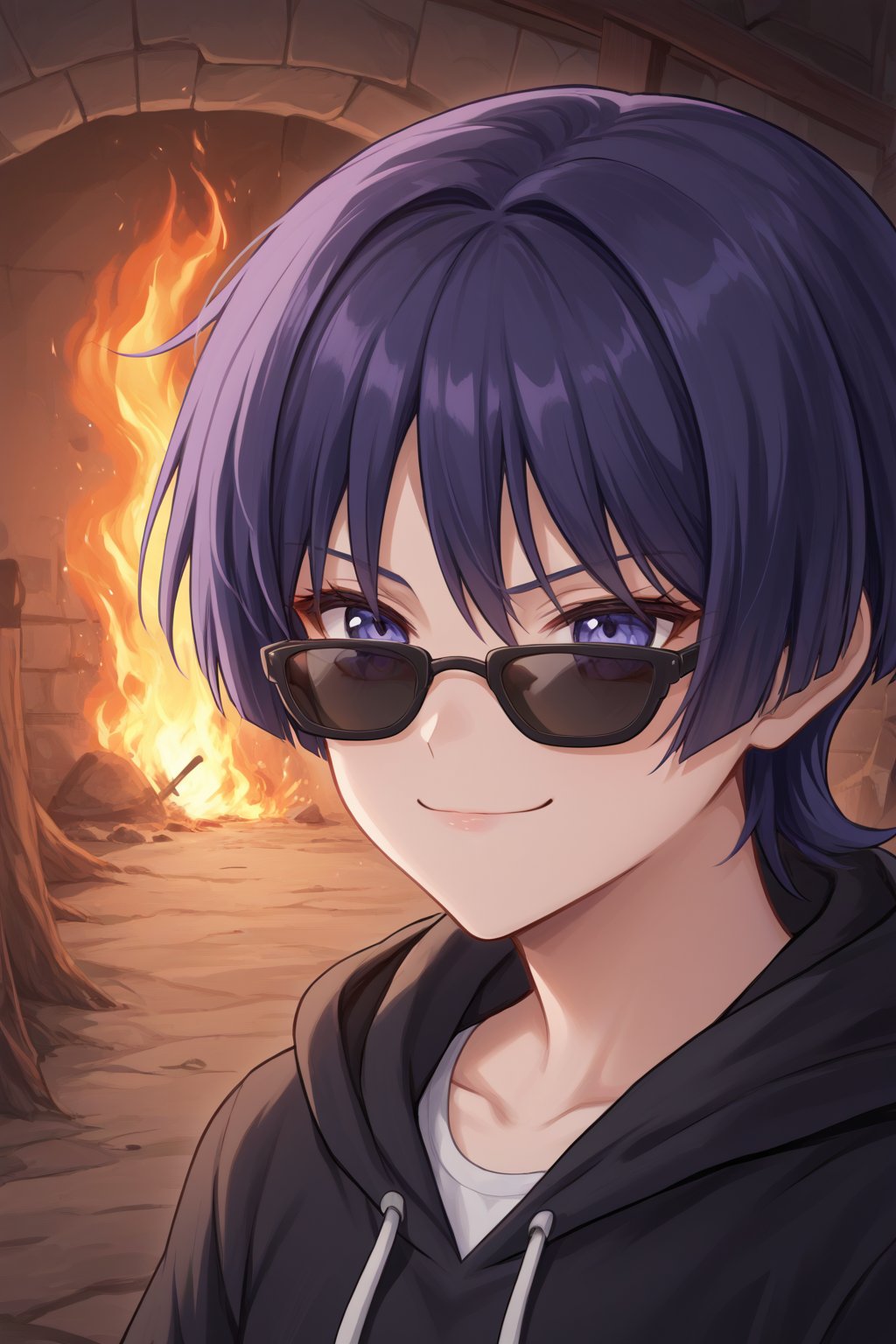 8K,4K,masterpiece,best quality,High quality eye details, hair between eyes,
,score_9,purple hair,purple eyes,bangs,short hair,scara,sunglasses,IncrsXLDealWithIt,BREAK,source_anime,score_4_up,score_5_up,score_6_up,score_7_up,score_8_up,sunglasses, anime, 1boy,hoodie, smug, burning house behind,burning trees,Leave the scene quickly