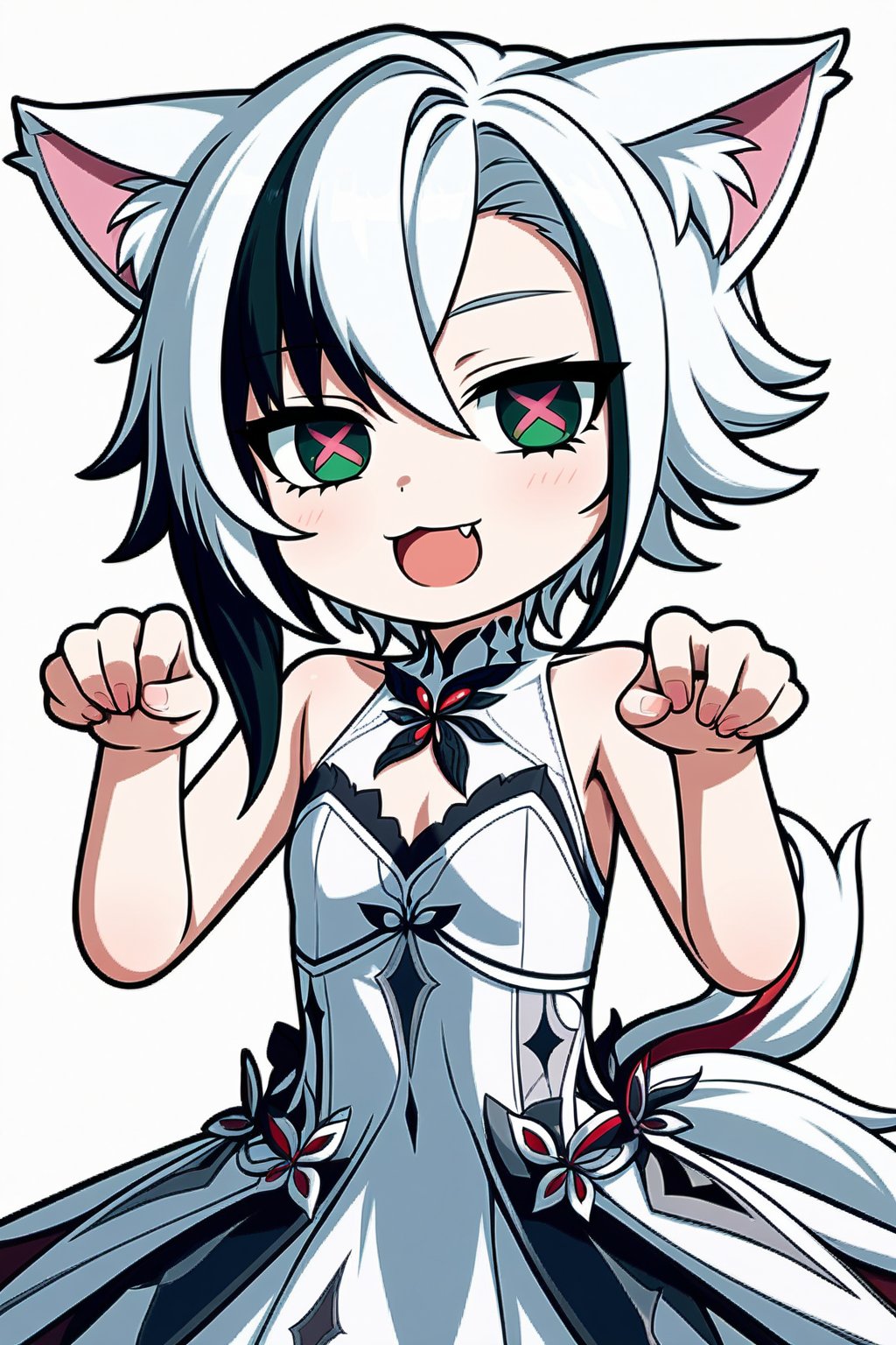 8K,4K,masterpiece,best quality,1girl, solo, wolf ears, wolf tail, green eyes, long hair, white hair, white dress, lace_trim, flat chest, cat ear, sleeveless, cat pose, :d, fang, pink bow, pink polka dot and white background, simple background,arlecchino gi,arlecchino gi, x-shaped pupils,x-shapped pupils,short hair,chibi,little girl boobs