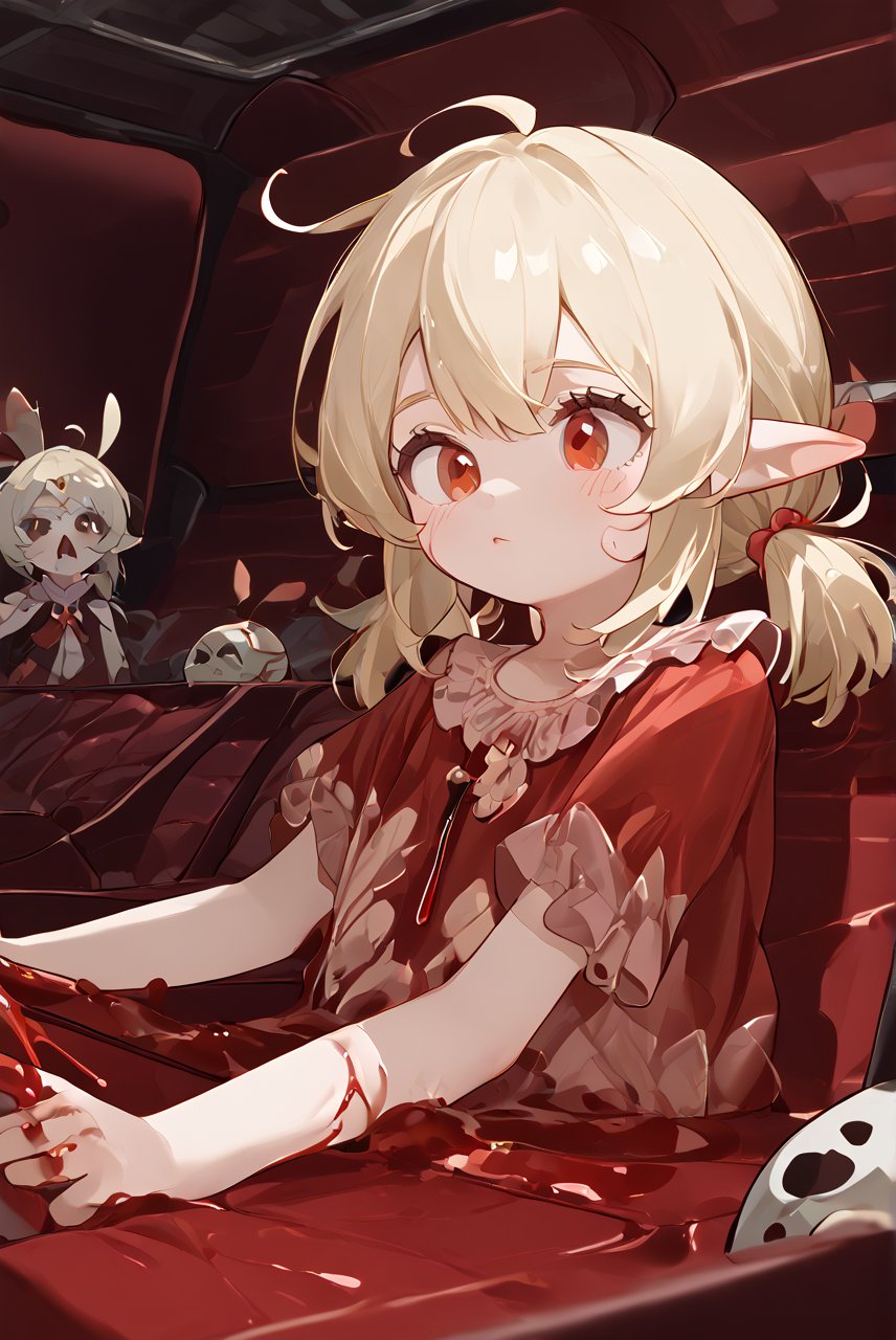 8K,4K,masterpiece,best quality,High quality eye details,red_eyes, blonde_hair, medium_hair, low_twintails, sidelocks, ahoge, pointy_ears, flat_chest,Bloody Bunny,Klee_(Genshin_Impact),red mushy liquid,(zombie),caesarean section, intestines,Operating theater