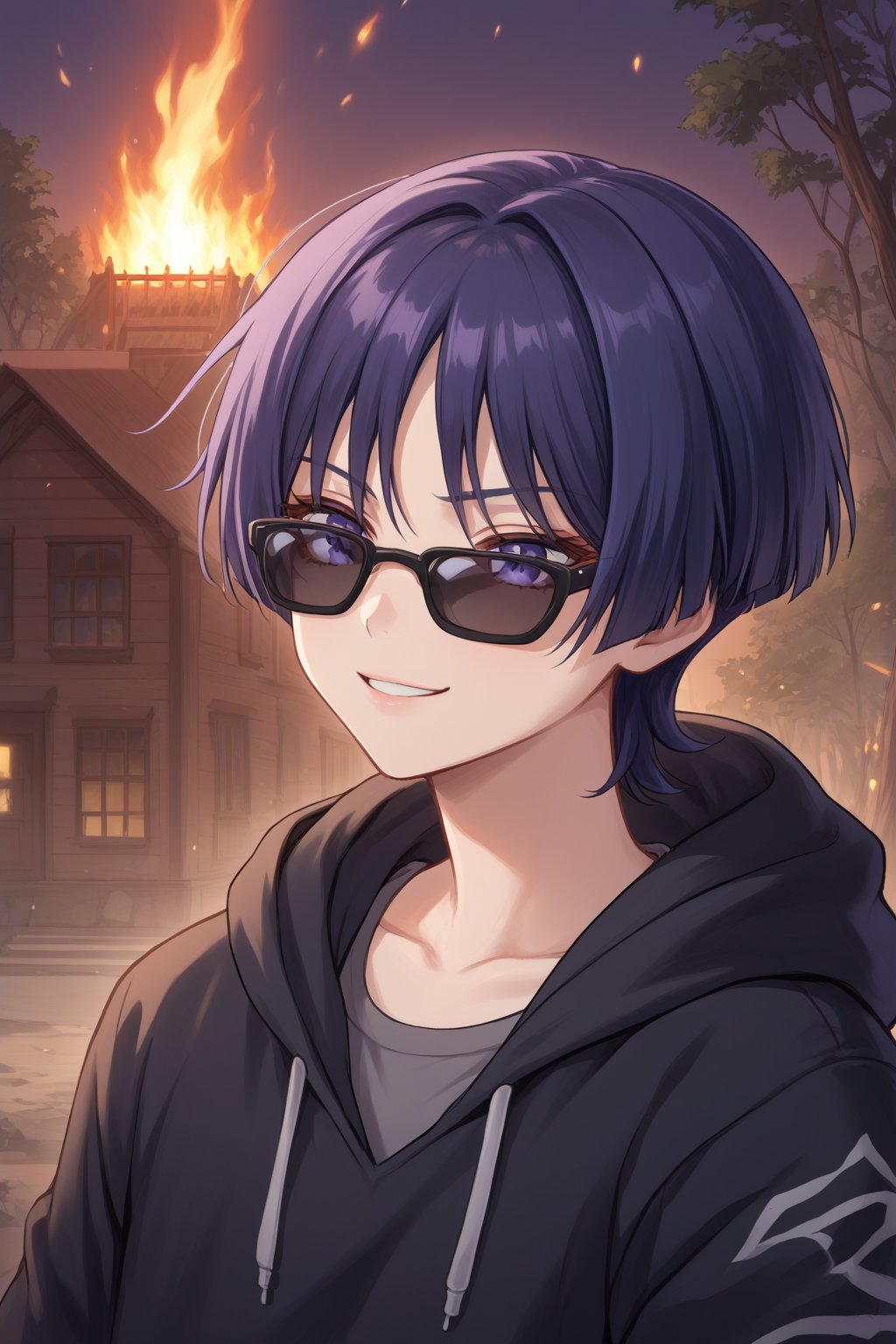 8K,4K,masterpiece,best quality,High quality eye details, hair between eyes,
,score_9,purple hair,purple eyes,bangs,short hair,scara,sunglasses,IncrsXLDealWithIt,BREAK,source_anime,score_4_up,score_5_up,score_6_up,score_7_up,score_8_up,sunglasses, anime, 1boy,hoodie, smug, burning house behind,burning trees,Leave the scene quickly