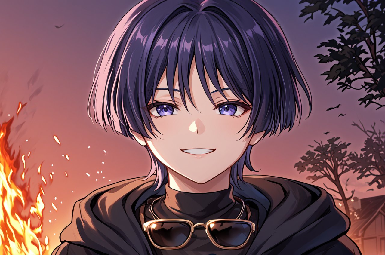 8K,4K,masterpiece,best quality,High quality eye details, hair between eyes,
,score_9,purple hair,purple eyes,bangs,short hair,scara,sunglasses,IncrsXLDealWithIt,BREAK,source_anime,score_4_up,score_5_up,score_6_up,score_7_up,score_8_up,sunglasses, anime, 1boy,hoodie, smug, burning house behind,burning trees,Leave the scene quickly