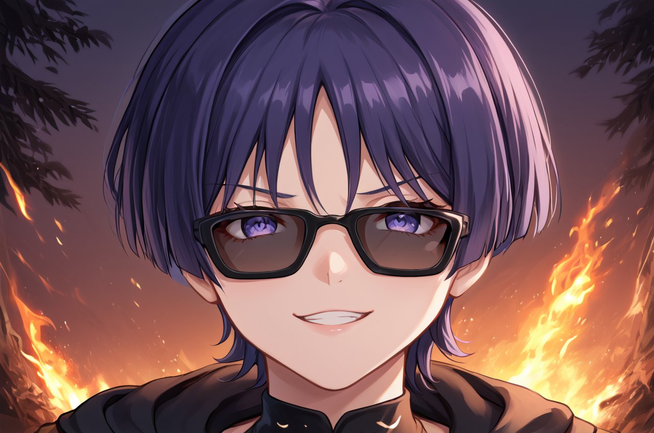 8K,4K,masterpiece,best quality,High quality eye details, hair between eyes,
,score_9,purple hair,purple eyes,bangs,short hair,scara,sunglasses,IncrsXLDealWithIt,BREAK,source_anime,score_4_up,score_5_up,score_6_up,score_7_up,score_8_up,sunglasses, anime, 1boy,hoodie, smug, burning house behind,burning trees,Leave the scene quickly,action action