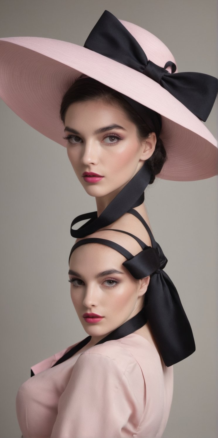 appealing, big larvishing, pale pink hat  with a black ribbon tied into a bow accros the hat. showcased on a models head.