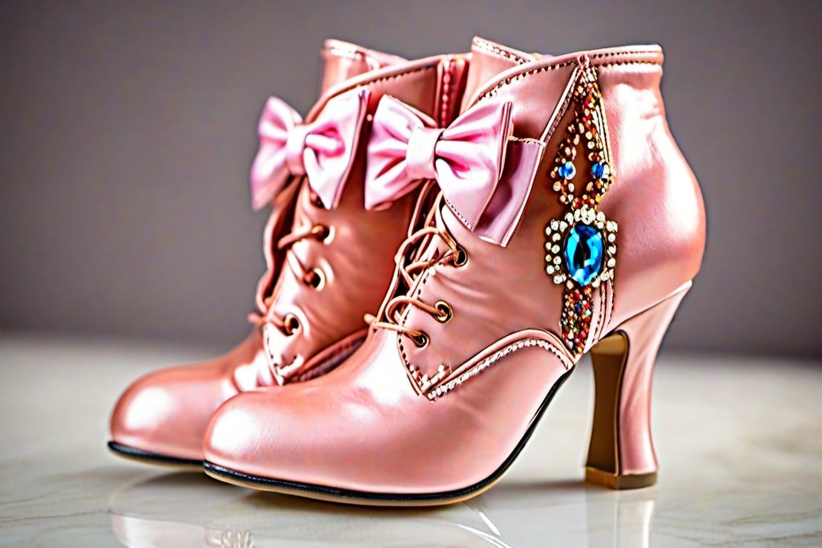 (RAW photo, best quality), (Beauty photography:1.3), (honey - colored bow:1.3), detailed leather texture, elegant, a pretty pair, 6 inch high heel pink ankle boot. on a white satin pillow in a glass frame, foural and rhine stones design. princess party shoe. proper lightning