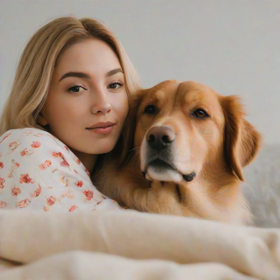 A cinematic masterpiece: A soft, natural light envelops the scene as a 21-year-old influencer, exuding gentle femininity, cradles her dog in a warm embrace. Her long, fiery blonde locks cascade down her back, framing her detailed, toned face with subtle makeup. She's dressed in cozy pyjamas, adding to the tender moment. The camera captures the intimacy, with a shallow depth of field blurring the background, emphasizing the affectionate bond between the influencer and her loyal companion.