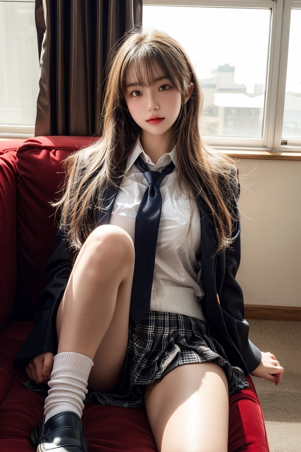 high school student,18 yo, sole_female, very long hair, (blunt bang:1.2), (school_uniform), wearing carmel color blazer, white shirt, plaid skirt, black loafers, white cotton socks, plaid tie, Underwear vaguely visible, showroom, vivid color modern interior, red couch, side lights, backlighting, Best Quality, 32k, photorealistic, ultra-detailed, finely detailed, high resolution, sexy pose, (knee up), sitting, beautiful detailed eyes, sharp-focus,Detailedface,Nice legs and hot body,1 girl