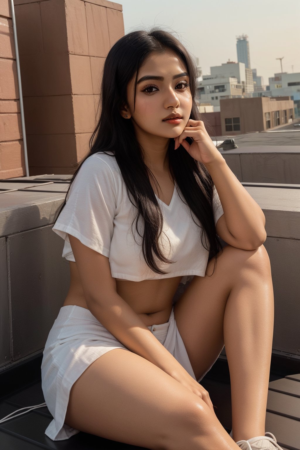 "Same face girl name Aria, round face, very dark Indian girl, Instagram influencer, black long hair, shiny juicy lips, brown eyes cute, 18 year old girl, photorealistic, portrait, extreme realism, sitting on the rooftop reading a book."