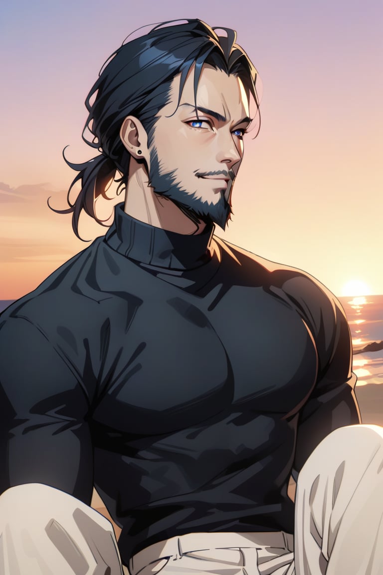 (Beatiful, masterpiece, aesthetic) Aesthetic image. Keanu Reeves Anime Version. Beard. Blue eyes. He wears a realistic oversize black sweater. He wears white pants. He has black earrigs. Happy expression. Cheerful. Blue eyes. Anime style. At the sunset.,Beautiful eyes,more detail XL