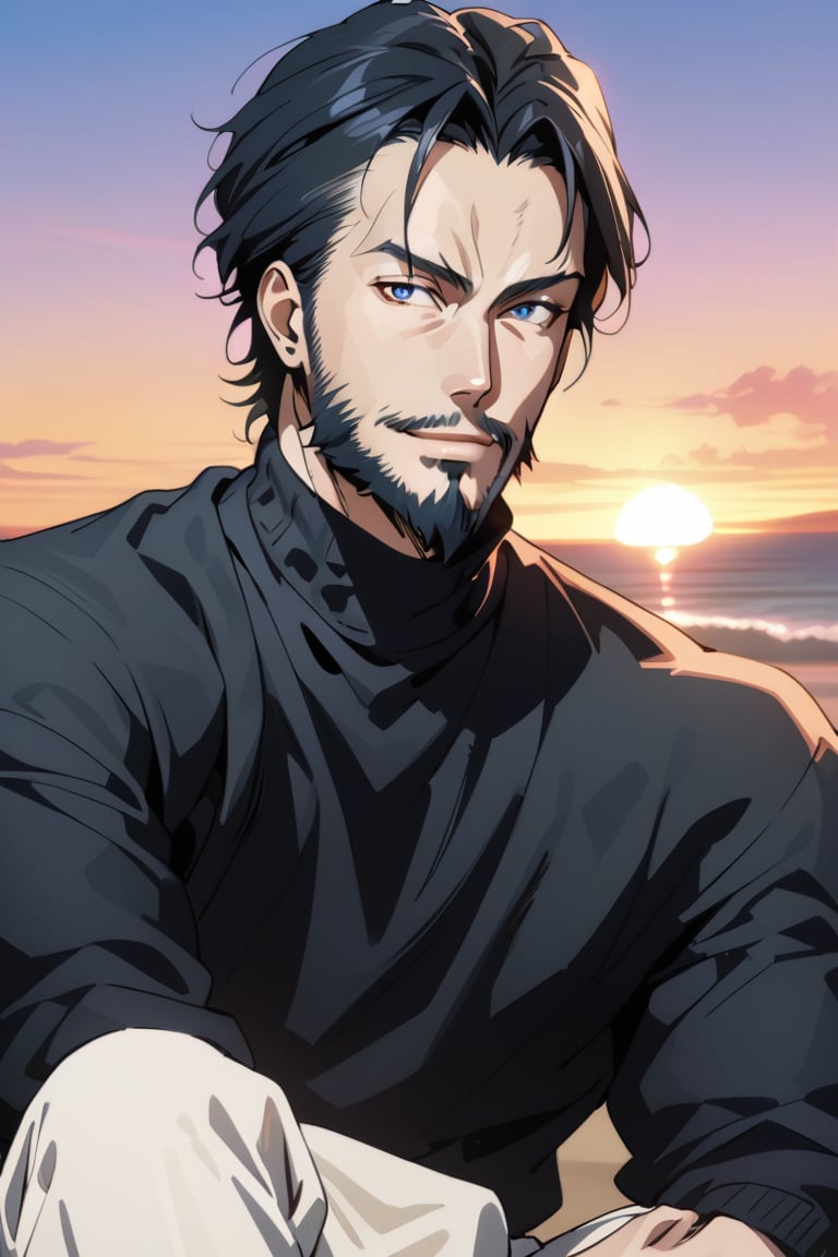 (Beatiful, masterpiece, aesthetic) Aesthetic image. Keanu Reeves Anime Version. Beard. Blue eyes. He wears a realistic oversize black sweater. He wears white pants. He has black earrigs. Happy expression. Cheerful. Blue eyes. Anime style. At the sunset.,Beautiful eyes,more detail XL