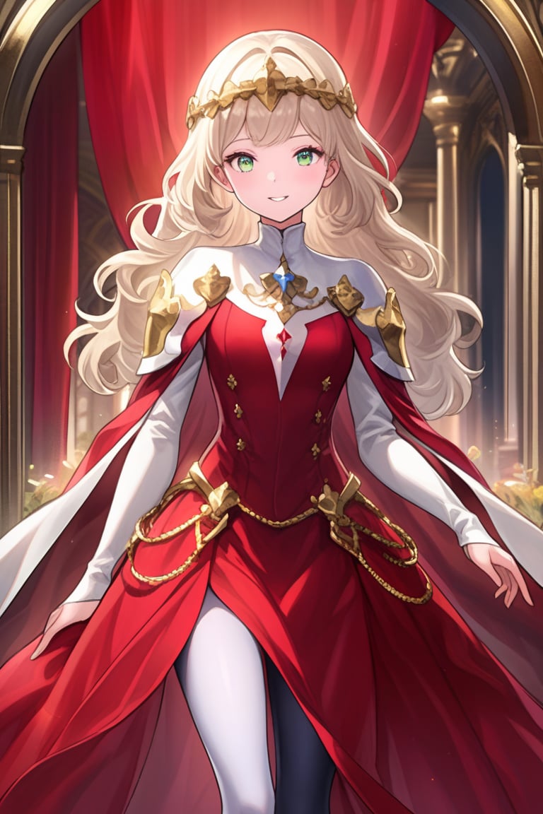 10yo, (palace knight holding sword):1.2, Thillelille with 
long yellow hair and green eyes, wearing red clothes, black pantyhose, and a golden hair accessories,long hair.


The scene is framed by an elegant palace background, radiating divine light.

She the dress glinting in the soft lighting. Her parted lips form a arrogant smile as she holds up her hand, showcasing her elegant demeanor. 

The scene is set against a rich red backdrop, with a hint of blush on Thillelille's cheeks, giving off an air of sweetness and innocence.