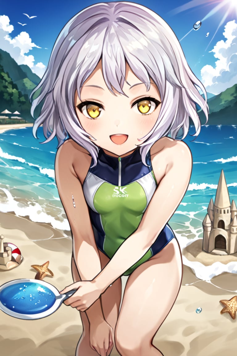 score_7, score_6_up, score_5_up, score_4_up, Melina , Anime style, 4K UHD, high quality, masterpiece:1.5 Character: 1 girl (solo), 14yo, short hair, short white hair :1.2, yellow eyes, open mouth, smiling, cheerful expression Outfit: (high-tech sleek one-piece swimsuit):1.5, (blue and white and green pattern and holographic design):1.3, Pose: Beach water play:1.3, splash water, Setting: Beach, Sunlight, Props: blister, sand castle, Show feet, Lift with one foot, Atmosphere: Astigmatism, different light sources Details: sharp focus, detailed water textures, droplets on skin, photoreal:1.2 Style: anime, sports, futuristic, advanced technology