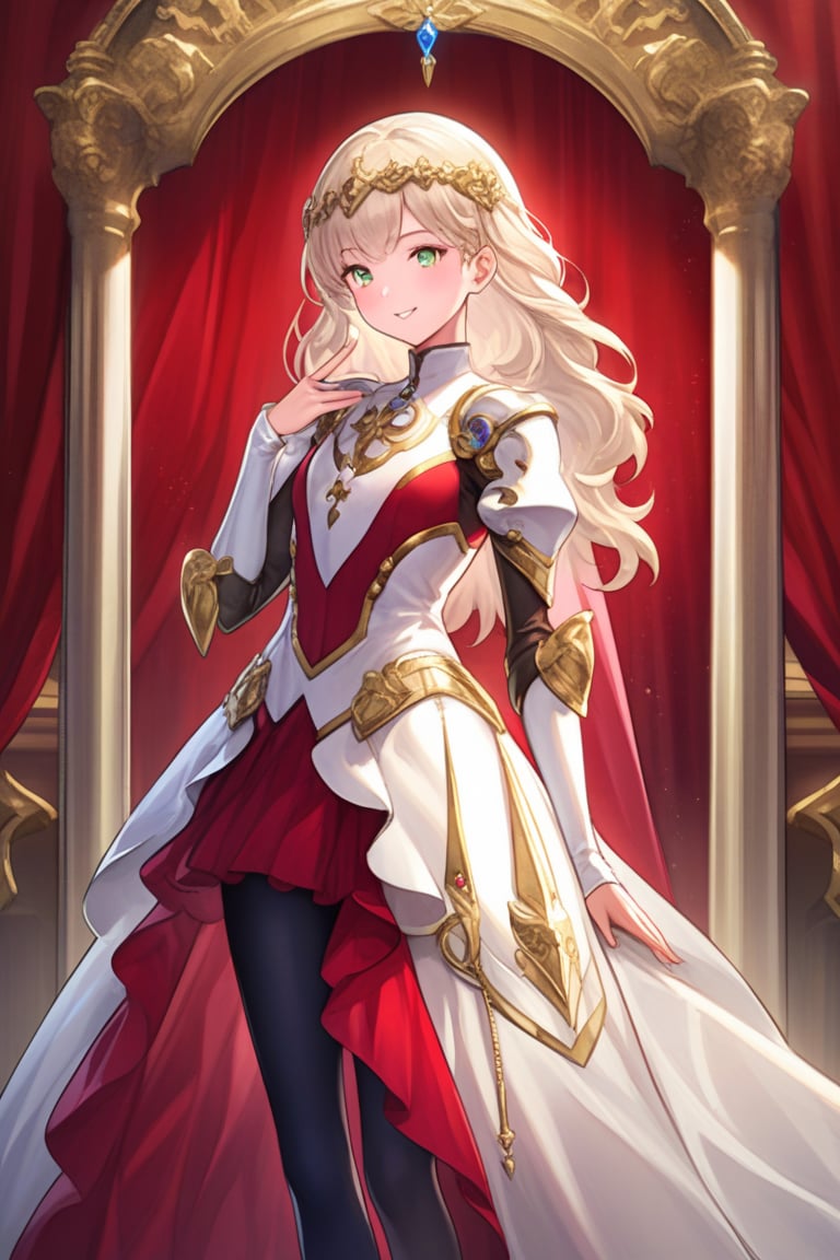 10yo, (palace knight holding sword):1.2, Thillelille with 
long yellow hair and green eyes, wearing red clothes, black pantyhose, and a golden hair accessories,long hair.


The scene is framed by an elegant palace background, radiating divine light.

She the dress glinting in the soft lighting. Her parted lips form a arrogant smile as she holds up her hand, showcasing her elegant demeanor. 

The scene is set against a rich red backdrop, with a hint of blush on Thillelille's cheeks, giving off an air of sweetness and innocence.