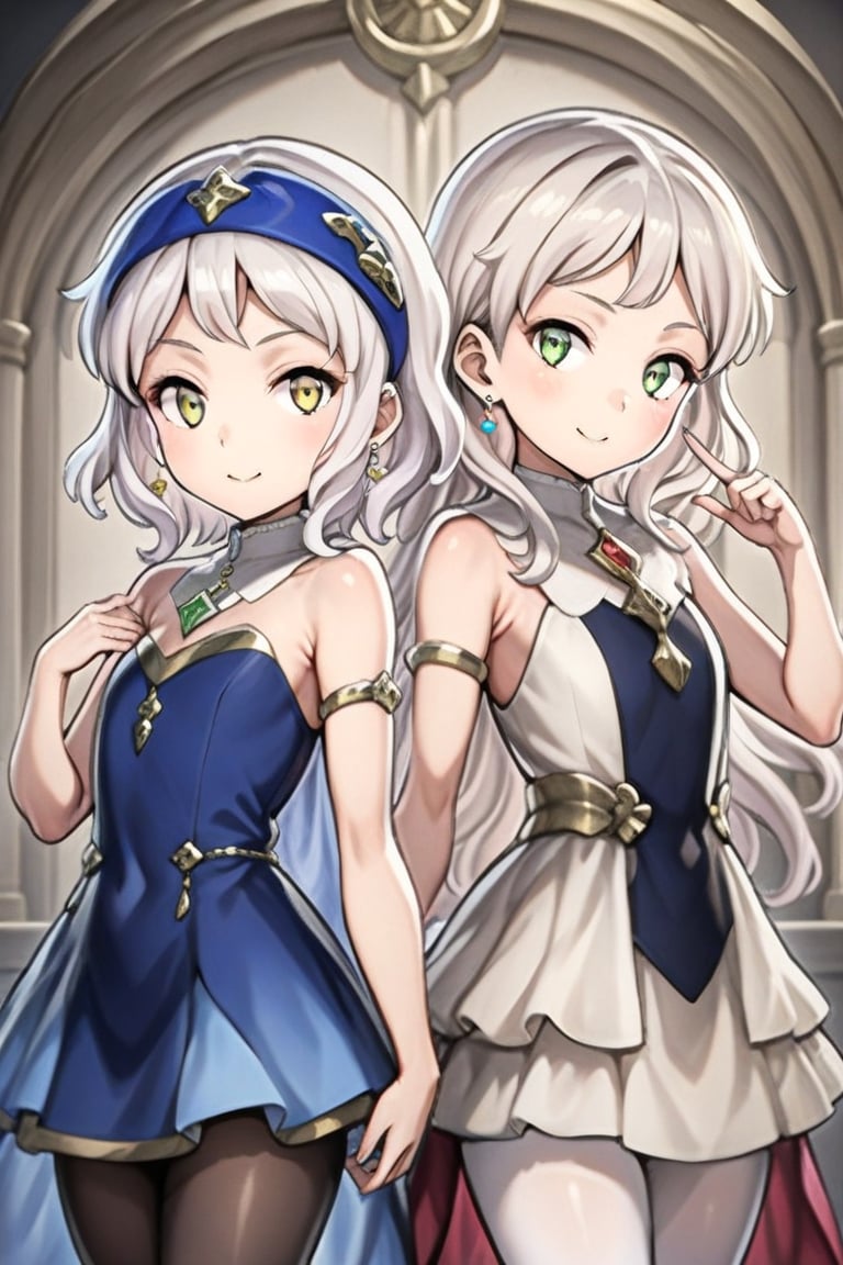 2girl, 10 yo, multipke girls, closed together, Anime style, 4K UHD, high quality, masterpiece:1.5,

(Melina, short hair:1.2, white hair, yellow eyes, blue clothes, white pantyhose, blue headband, shut up);
(thillelille, long hair, blond hair, green eyes, red clothes, black pantyhose:1.5, yellow headgear);

looking at viewer, blush, smile, dress, holding,  bare shoulders, jewelry, collarbone,   sidelocks, cowboy shot, earrings, parted lips, hand up, strapless, covered navel, gem, strapless dress, pelvic curtain, armlet, gold trim, glint, elegant palace background, divine radiance