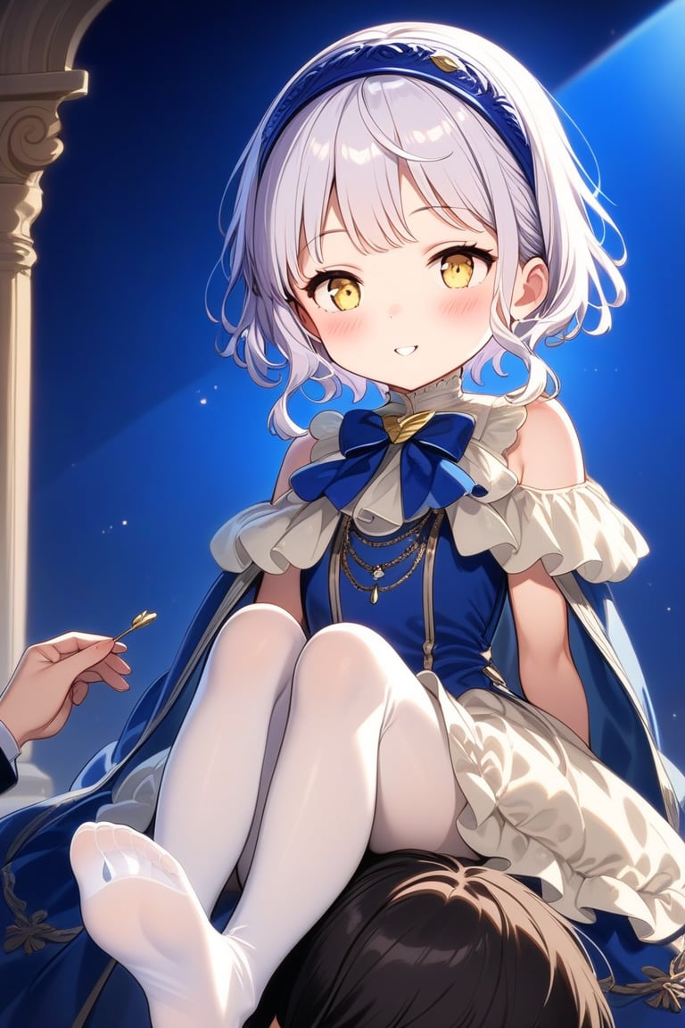 12yo, Melina with short white hair and yellow eyes, wearing blue clothes, white pantyhose, and a blue headband ,short hair.

(girl boldly steps on the man's head with her foot, showcasing her confidence and sassiness.):1.5


The scene is framed by an elegant palace background, radiating divine light.

She the dress glinting in the soft lighting. Her parted lips form a arrogant smile as she holds up her hand, showcasing her elegant demeanor. 

The scene is set against a rich blue backdrop, with a hint of blush on Melina's cheeks, giving off an air of sweetness and innocence.