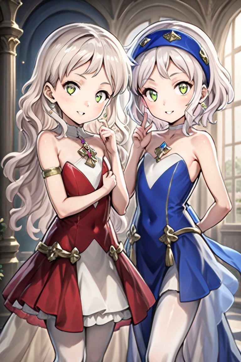 2girl, 10 yo, multipke girls, closed together, Anime style, 4K UHD, high quality, masterpiece:1.5,

(Melina, short hair:1.2, white hair, yellow eyes, blue clothes, white pantyhose, blue headband);
(thillelille, long hair, blond hair, green eyes, red clothes, black pantyhose:1.5, yellow headgear);

looking at viewer, blush, smile, dress, holding,  bare shoulders, jewelry, collarbone,   sidelocks, cowboy shot, earrings, parted lips, hand up, strapless, covered navel, gem, strapless dress, pelvic curtain, armlet, gold trim, glint, elegant palace background, divine radiance