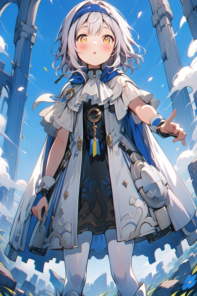 score_9, score_8_up, score_7_up, score_6_up, score_5_up, score_4_up,source_anime,10yo, 1girl, Melina with short white hair,  white pantyhose, yellow eyes, blue headband, short hair, cape, skirt,  foot armor. melina_c

(profile:1.2), Close mouth,

She the dress glinting in the soft lighting. showcasing her elegant demeanor.

The scene is Fight with a in the ruins backdrop, with a hint of blush on Melina's cheeks, giving off an air of sweetness and innocence.