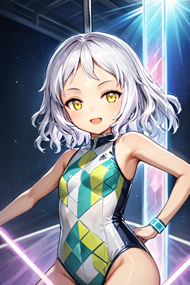 POLE DANCE , Anime style, 4K UHD, high quality, masterpiece:1.5
Character: 1 girl (solo), 14yo, short white hair :1.2, yellow eyes, open mouth, smiling, cheerful expression

Outfit: (high-tech sleek one-piece swimsuit):1.5, (blue and white and 
green pattern and holographic design):1.3, 

Pose: POLE DANCE:1.3

Setting: ballroom:1.4, (clear acrylic walls):1.2, advanced timing systems, holographic scoreboards

Props: 


Atmosphere: Astigmatism, different light sources

Details: sharp focus, detailed water textures, droplets on skin, photoreal:1.2
Style: anime, sports, futuristic, advanced technology