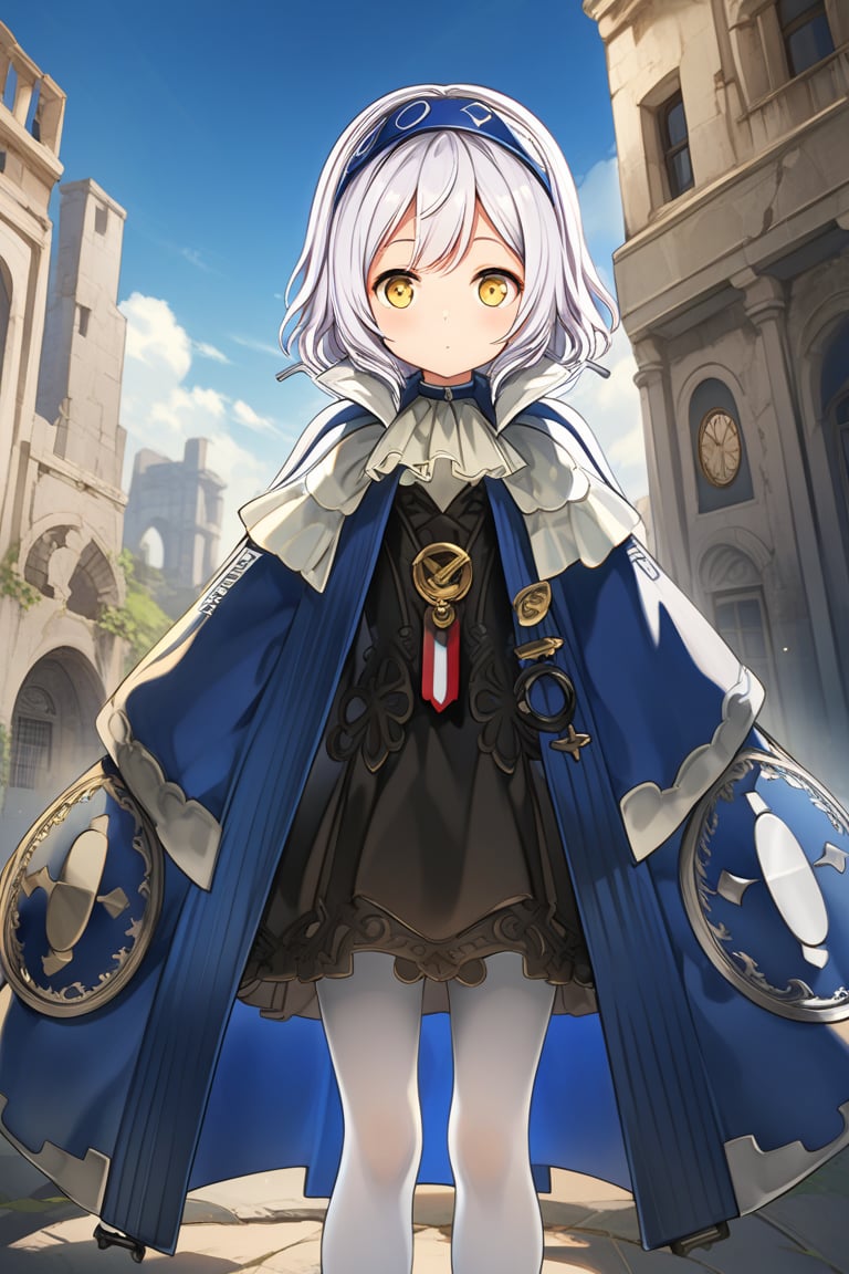 score_9, score_8_up, score_7_up, score_6_up, score_5_up, score_4_up,source_anime,10yo, Melina with short white hair,  white pantyhose, yellow eyes, blue headband, short hair, cape, skirt, foot armor. melina_c

profile,Close mouth,

She the dress glinting in the soft lighting. showcasing her elegant demeanor.

The scene is Fight with a in the ruins backdrop, with a hint of blush on Melina's cheeks, giving off an air of sweetness and innocence.