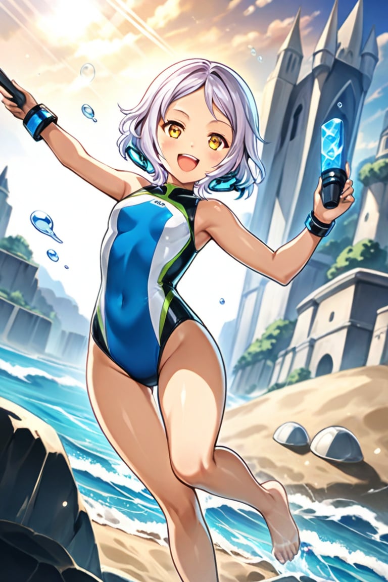 score_7, score_6_up, score_5_up, score_4_up, Melina , Anime style, 4K UHD, high quality, masterpiece:1.5 Character: 1 girl (solo), 14yo, short hair, short white hair :1.2, yellow eyes, open mouth, smiling, cheerful expression Outfit: (high-tech sleek one-piece swimsuit):1.5, (blue and white and green pattern and holographic design):1.3, Pose: Beach water play:1.3, splash water, Setting: Beach, Sunlight, Props: blister, sand castle, Show feet, Lift with one foot, Atmosphere: Astigmatism, different light sources Details: sharp focus, detailed water textures, droplets on skin, photoreal:1.2 Style: anime, sports, futuristic, advanced technology