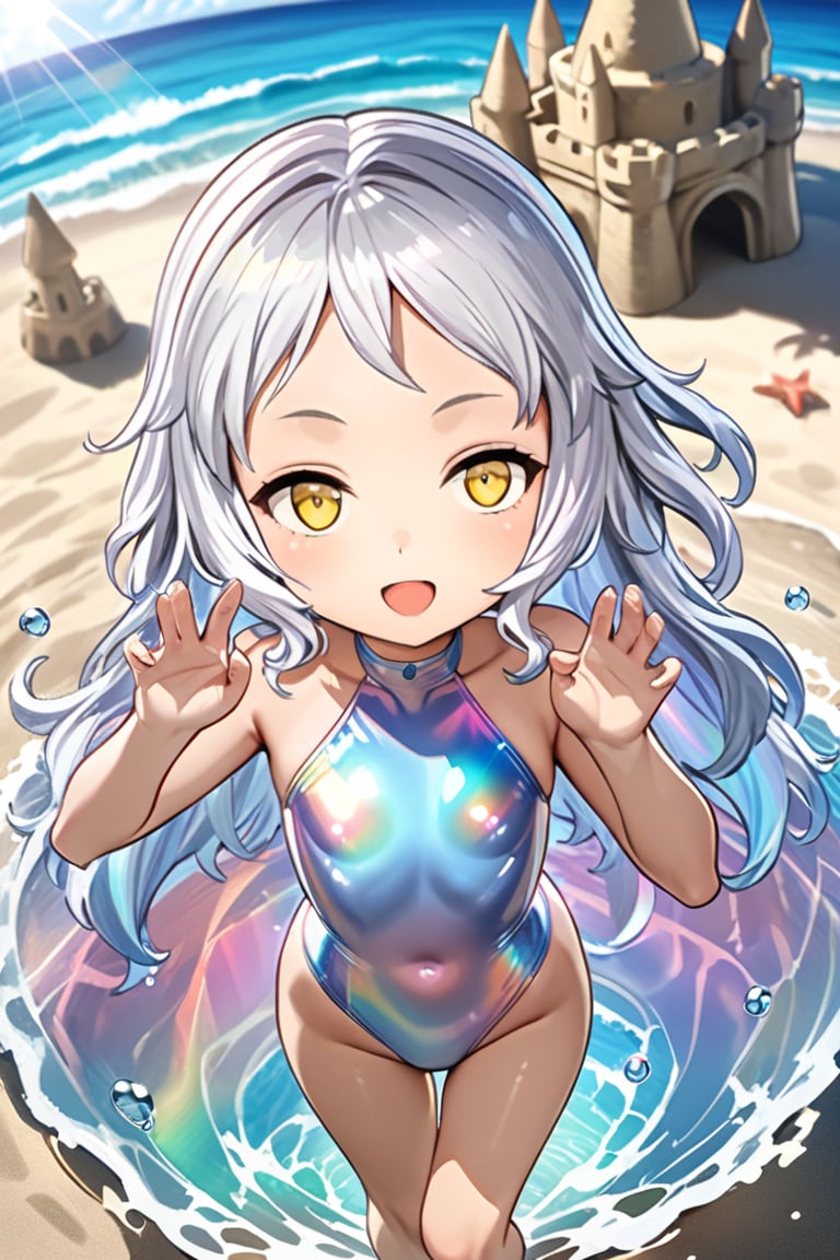 Melina, Anime style, 4K UHD, high quality, masterpiece:1.5
Character: 1 girl (solo), 14yo, short white hair :1.2, yellow eyes, open mouth, 

Outfit: (red high-tech sleek one-piece swimsuit):1.5, (iridescent and holographic design):1.3, (built-in performance sensors):1.2

Pose: 
Beach water play:1.3, 
splash water, 


Setting: 
Beach, 
Sunlight,


Props: 
blister,
sand castle,
Show feet,

Atmosphere: 
Sunlight

Details: sharp focus, detailed water textures, droplets on skin, photoreal:1.2

Style: anime, advanced 