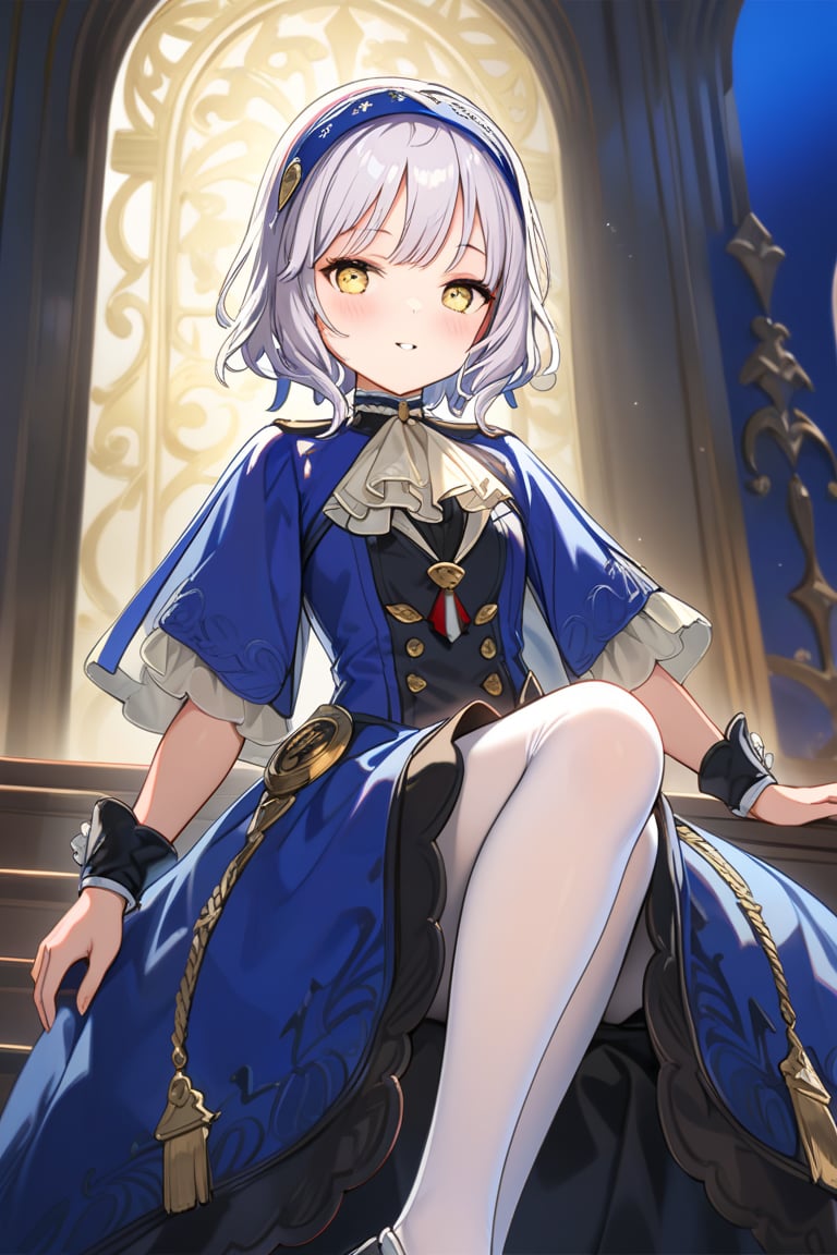 12yo, Melina with short white hair and yellow eyes, wearing blue clothes, white pantyhose, and a blue headband ,short hair.

(girl boldly steps on the man's head with her foot, showcasing her confidence and sassiness.):1.5


The scene is framed by an elegant palace background, radiating divine light.

She the dress glinting in the soft lighting. Her parted lips form a arrogant smile as she holds up her hand, showcasing her elegant demeanor. 

The scene is set against a rich blue backdrop, with a hint of blush on Melina's cheeks, giving off an air of sweetness and innocence.