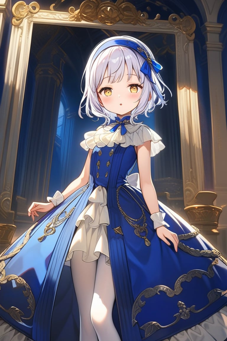 12yo, Melina with short white hair and yellow eyes, wearing blue clothes, white pantyhose, and a blue headband ,short hair.

The scene is framed by an elegant palace background, radiating divine light.

She the dress glinting in the soft lighting. Her parted lips form a arrogant smile as she holds up her hand, showcasing her elegant demeanor. 

The scene is set against a rich blue backdrop, with a hint of blush on Melina's cheeks, giving off an air of sweetness and innocence.