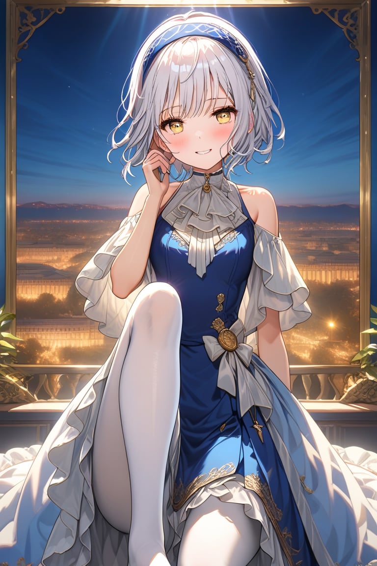 14yo, including Melina with short white hair and yellow eyes, wearing blue clothes, white pantyhose, and a blue headband ,short hair.

girl boldly steps on the man's head with her foot, showcasing her confidence and sassiness. 


The scene is framed by an elegant palace background, radiating divine light.

She the dress glinting in the soft lighting. Her parted lips form a subtle smile as she holds up her hand, showcasing her elegant demeanor. The scene is set against a rich blue backdrop, with a hint of blush on Melina's cheeks, giving off an air of sweetness and innocence.