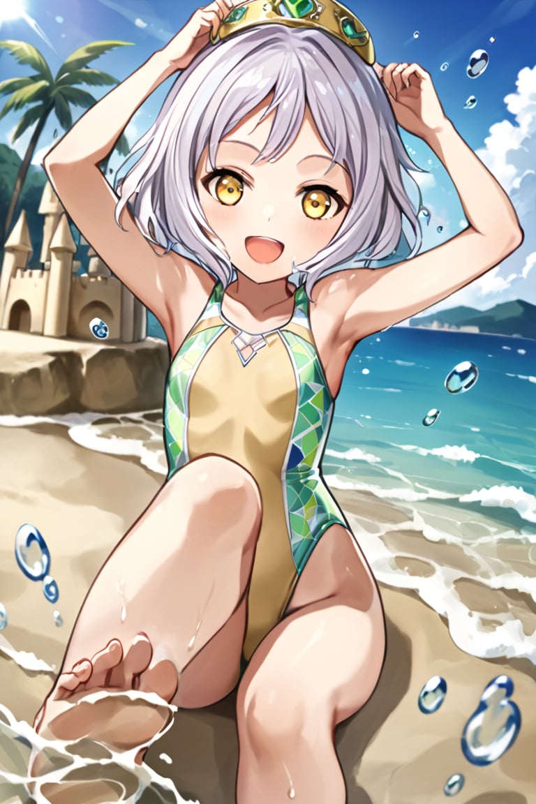 score_7, score_6_up, score_5_up, score_4_up, Melina , Anime style, 4K UHD, high quality, masterpiece:1.5 Character: 1 girl (solo), 14yo, short hair, short white hair :1.2, yellow eyes, open mouth, smiling, cheerful expression Outfit: (high-tech sleek one-piece swimsuit):1.5, (blue and white and green pattern and holographic design):1.3, Pose: Beach water play:1.3, splash water, Setting: Beach, Sunlight, Props: blister, sand castle, Show feet, Lift with one foot, Atmosphere: Astigmatism, different light sources Details: sharp focus, detailed water textures, droplets on skin, photoreal:1.2 Style: anime, sports, futuristic, advanced technology