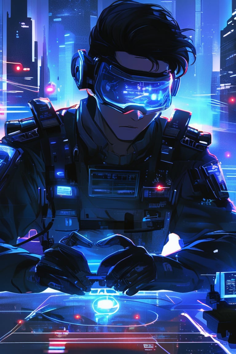 A high-tech police investigator at a crime scene in a futuristic city. They use advanced forensic tools and augmented reality glasses to gather evidence and reconstruct events. The investigator's cybernetic eye scans for hidden clues. 
Comic,manga,dark theme,concept art,Expressiveh