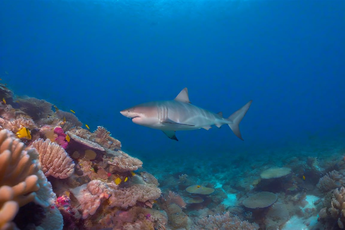 Picture a majestic great white shark gliding gracefully amid the vibrant and complex ecosystem of a coral reef. The fish's distinctive humphead and intricate patterns stand out as it swims leisurely through the thriving aquatic landscape, rich with a kaleidoscope of colorful corals, darting clownfish, and swaying sea anemones.