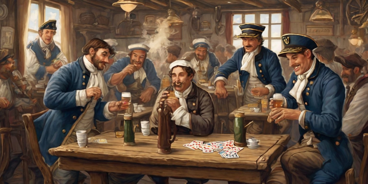 Iustartion of a tavern, 19th century style, small tables at the background, illustration, sailors blue and white stripes ,sailors uniform, drinking and playing cards, pocker game