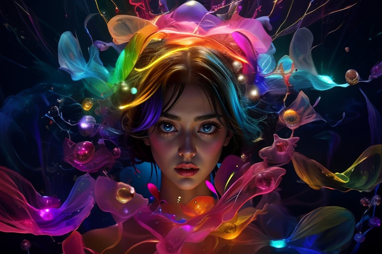((Top Quality)), ((Masterpiece)), ((Genuine)), Portrait,
A girl, a celestial body, a god, a goddess, a particle of light, a halo, a line of sight,
(Bioluminescence: 0.95) Many bioluminescent, lightning bolts and separated human limbs float in the rainbow-colored glass, bright, colorful, (glow, glow),
(beautiful composition), cinematic lighting, complex, (symmetry: 0.5), eccentric, absurd,