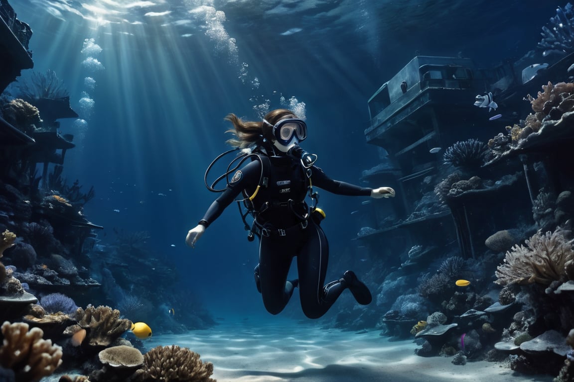 Cinematic scene, 1girl, deep sea diver swimming,  dressed in black and blue,  underwater scene, detailed background, masterpiece, best quality, high quality, high_resolution